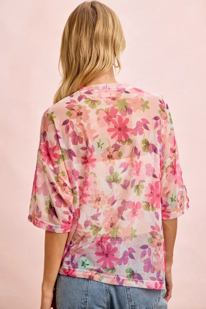 Bibi Floral Print Short Sleeves Boxy Mesh Top