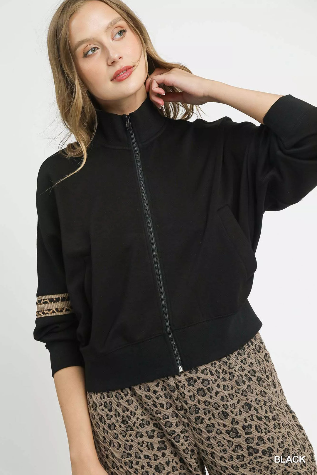 Black Umgee Zipper Up Cropped Jacket With Leopard Trim