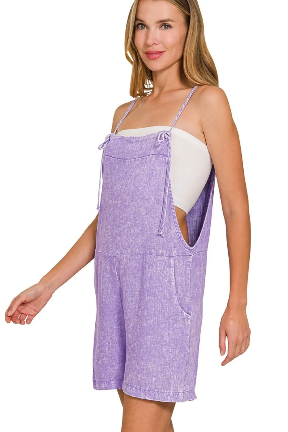 Lavender Zenana Washed Linen Knot Strap Rompers 2