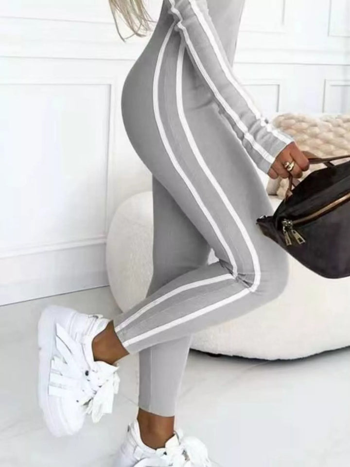 Off-White Full Size Stripe Zip Front Long Sleeve Jumpsuit Plus Size