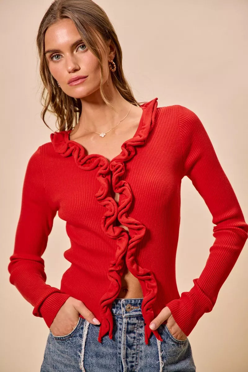 Red Coral So Me Cascade Ruffle Ribbed Sweater Cardgian