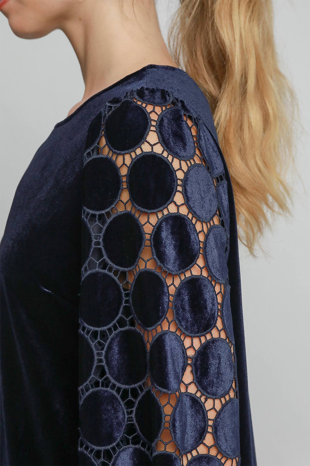 Umgee Polka Dot Lace Long Sleeve Round Neck Blouse 1