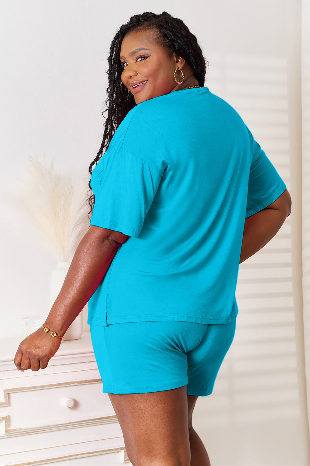 Sky Blue Basic Bae Full Size Soft Rayon Half Sleeve Top And Shorts Set
