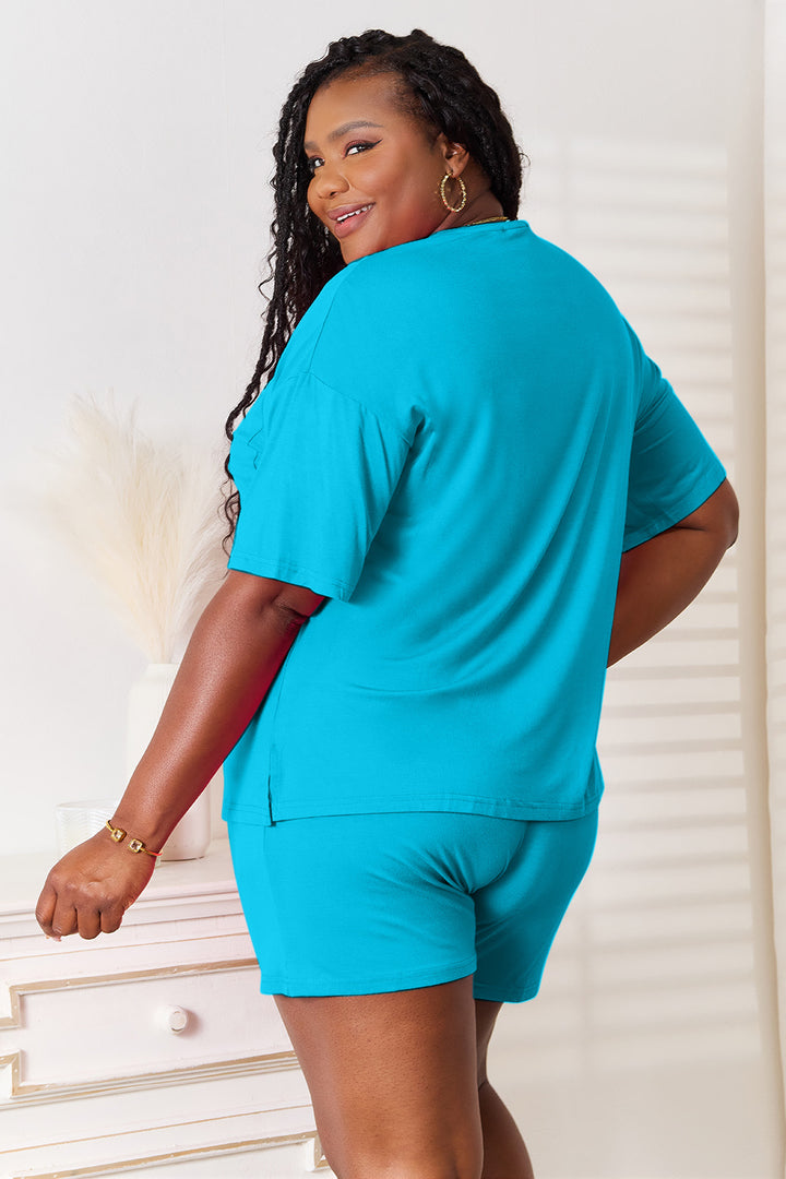 Sky Blue Basic Bae Full Size Soft Rayon Half Sleeve Top And Shorts Set
