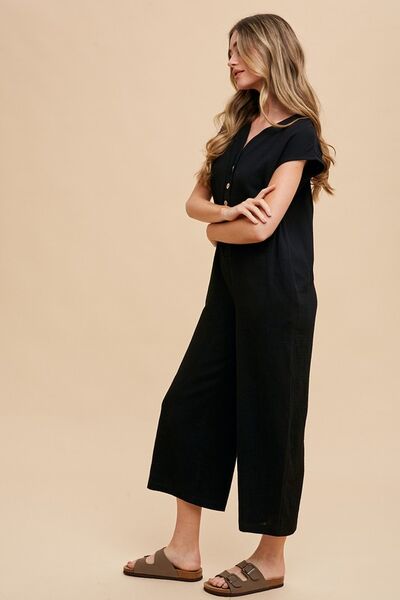 Black Annie Wear Button Detail Wide Leg Jumpsuit With Pockets