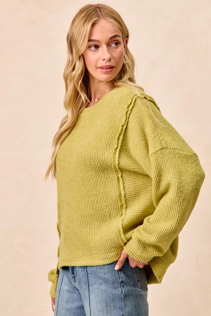 Bibi Boucle Rib Knit Uneven Hem Sweater With Open Seam