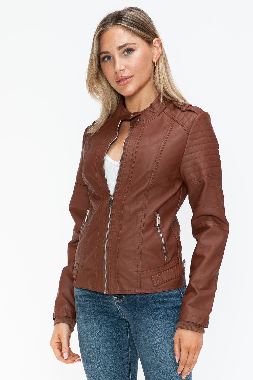 Snobbish Pu Leather Biker Jacket With Side Zip Pockets 4