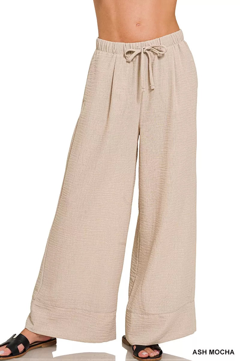 Ash Mocha Zenana Woven Airflow Drawstring Pants