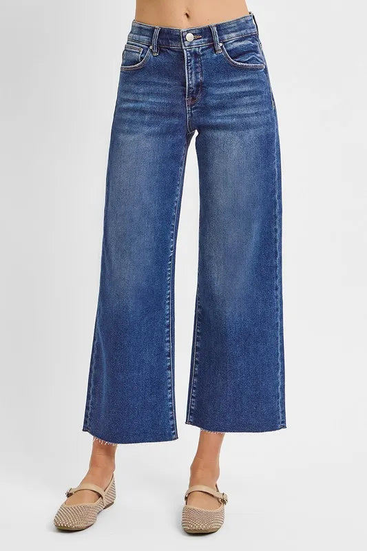 Dark Risen Raw Hem Wide Leg Cropped Jeans