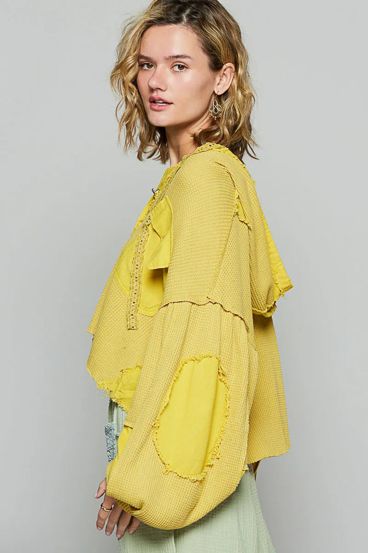 Yellow Pol Raw Hem Cropped Hooded Jacket