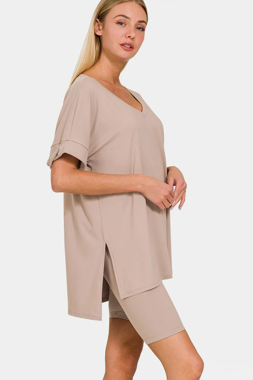Ash Mocha Zenana Full Size V Neck Short Sleeve Slit T Shirt And Shorts Set 2
