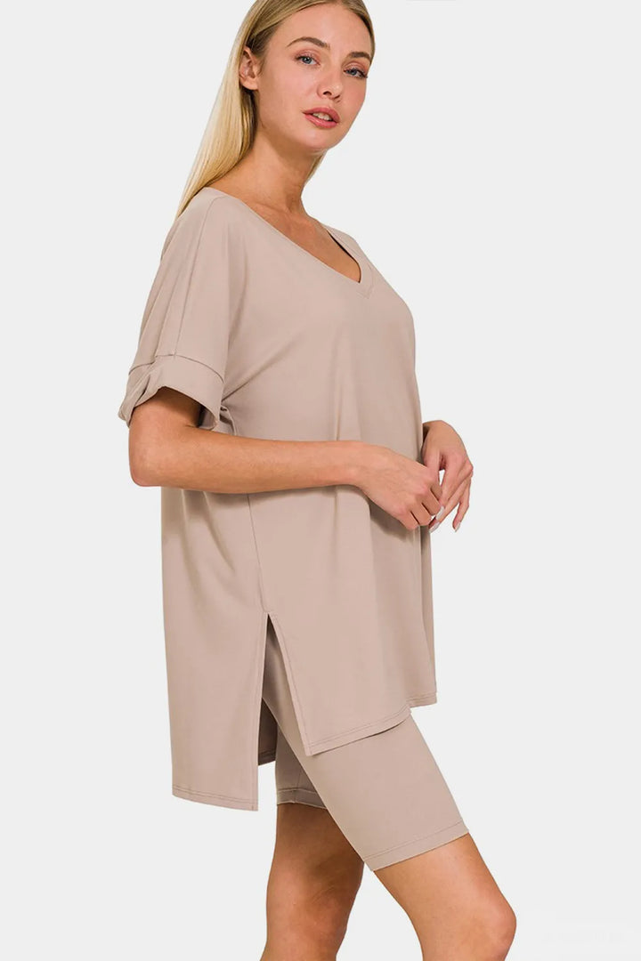 Ash Mocha Zenana Full Size V Neck Short Sleeve Slit T Shirt And Shorts Set 2