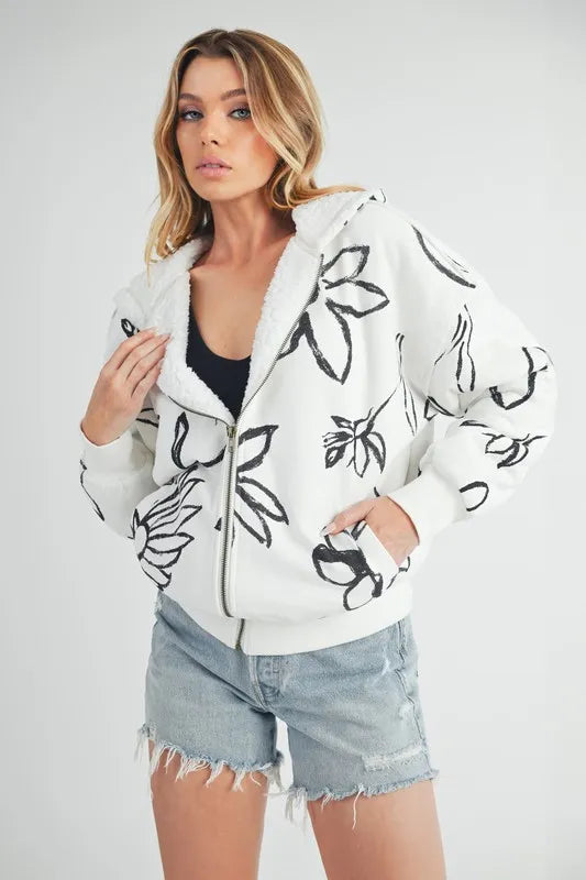 Ivory Aemi Co Flower Print Zip Up Sherpa Hoodie 1