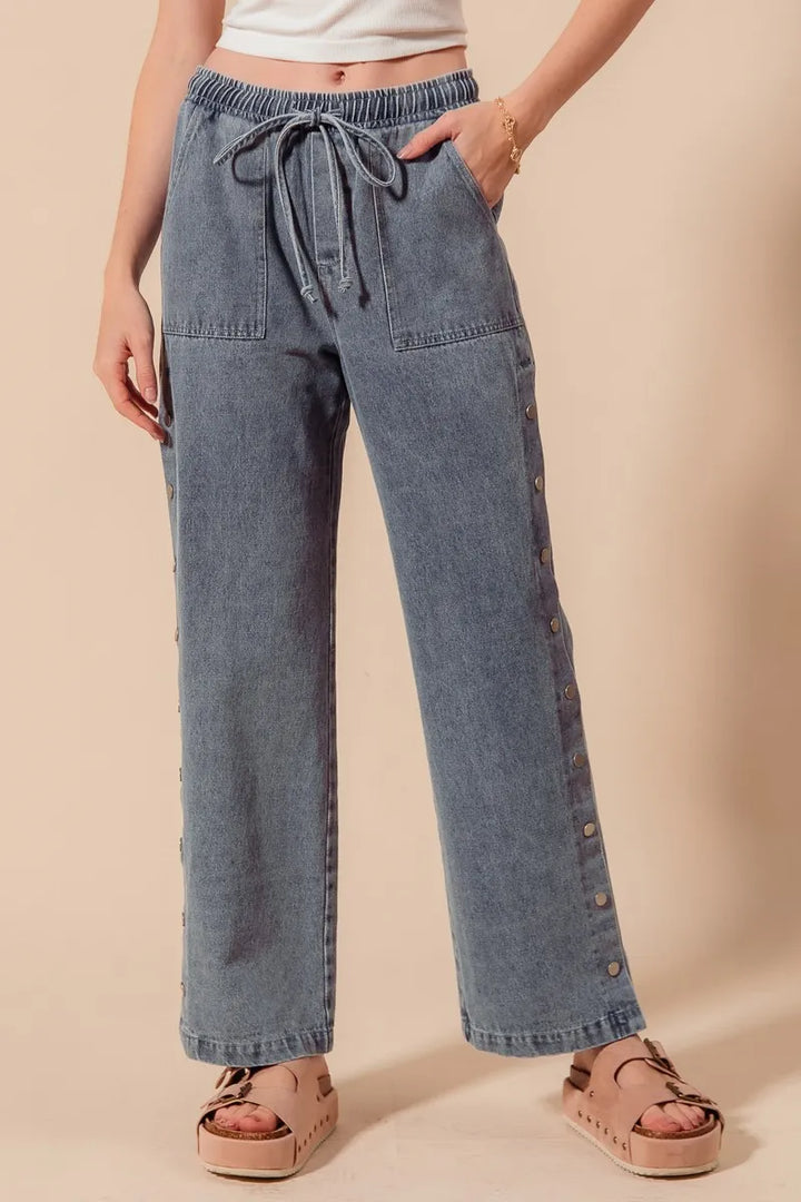Denim So Me Mid Rise Drawstring Jeans With Side Snap Button