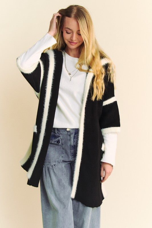 Black Davi Dani Fuzzy Trim Open Front Loose Fit Cardigan