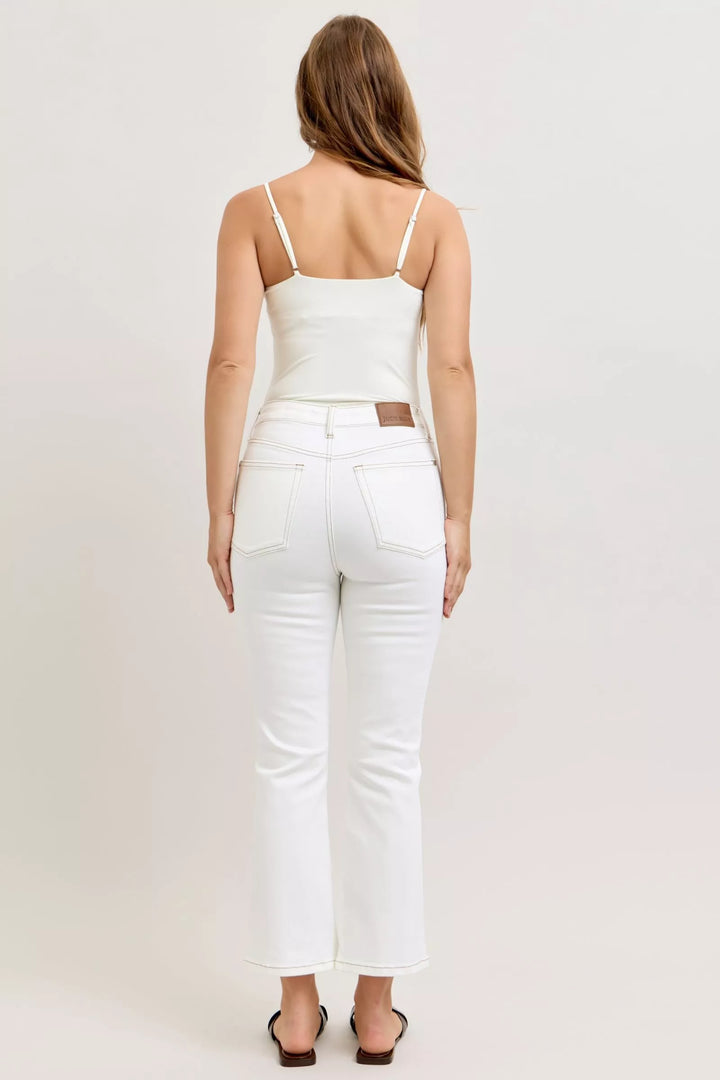 Wht Judy Blue Contrast Stitching Cropped Flare Jeans