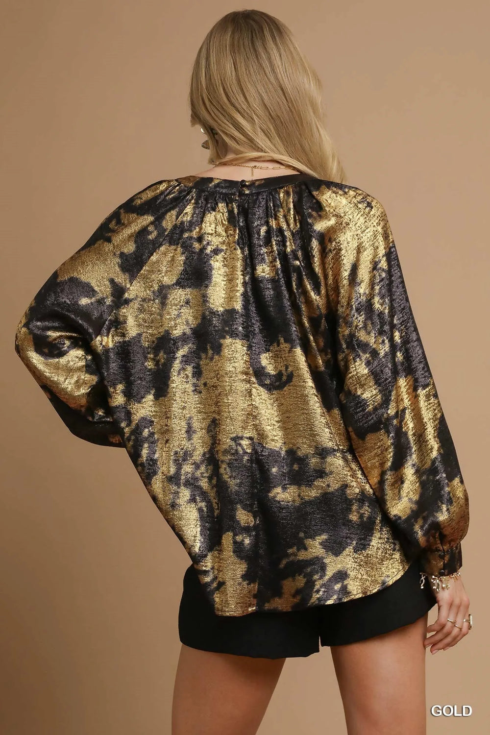 Gold Umgee Metallic Fabric Blouse With Balloon Sleeves