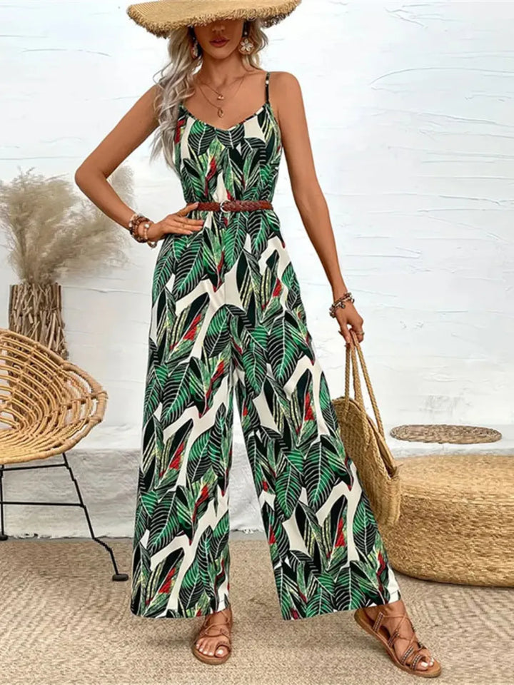 Dark Green Tropical Print Spaghetti Strap Wide Leg Jumpsuit
