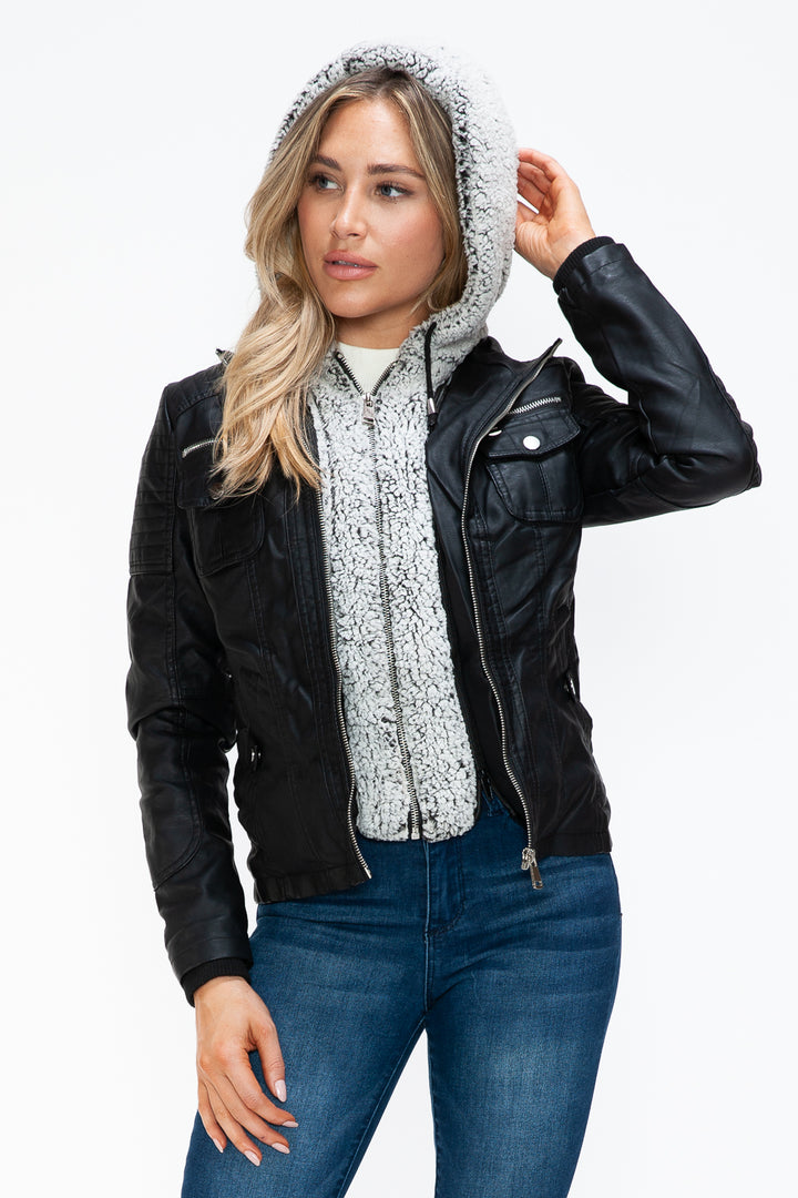 Ymi Removable Faux Layered Multi Pocket Jacket With Fuzzy Hood
