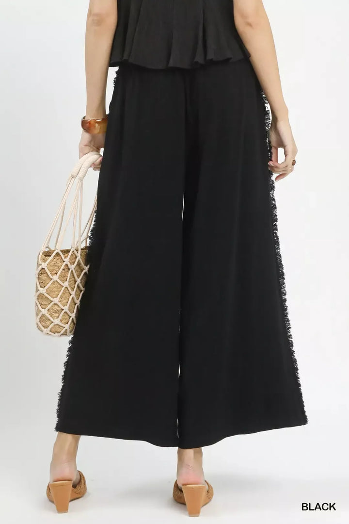 Black Linen Frayed Side Pocket Wide Leg Pants