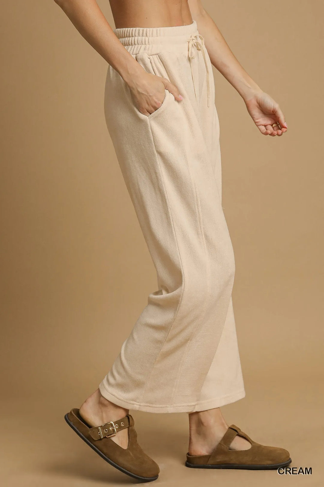 Cream Umgee Drawstring Wide Leg Pants