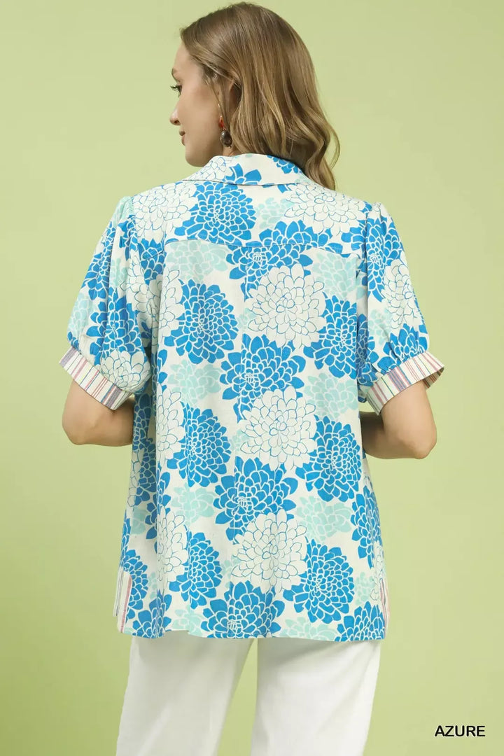 Azure Umgee Floral Collared Short Sleeve Blouse 1