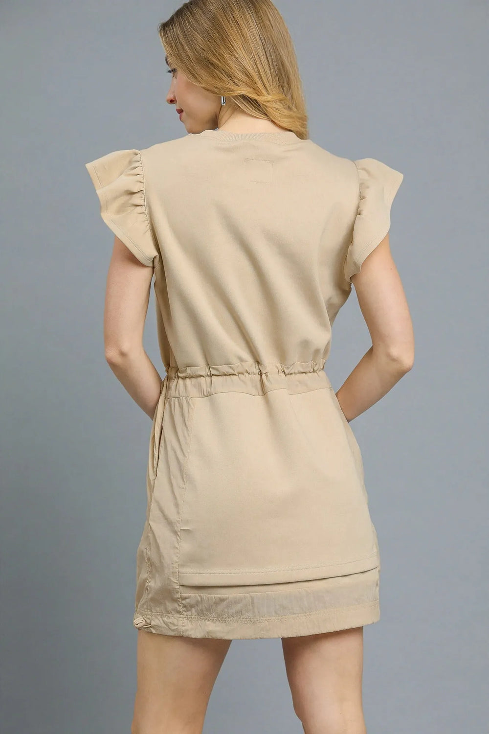 Latte Umgee Luxeknit Ruffle Sleeve Drawstring Mini Dress