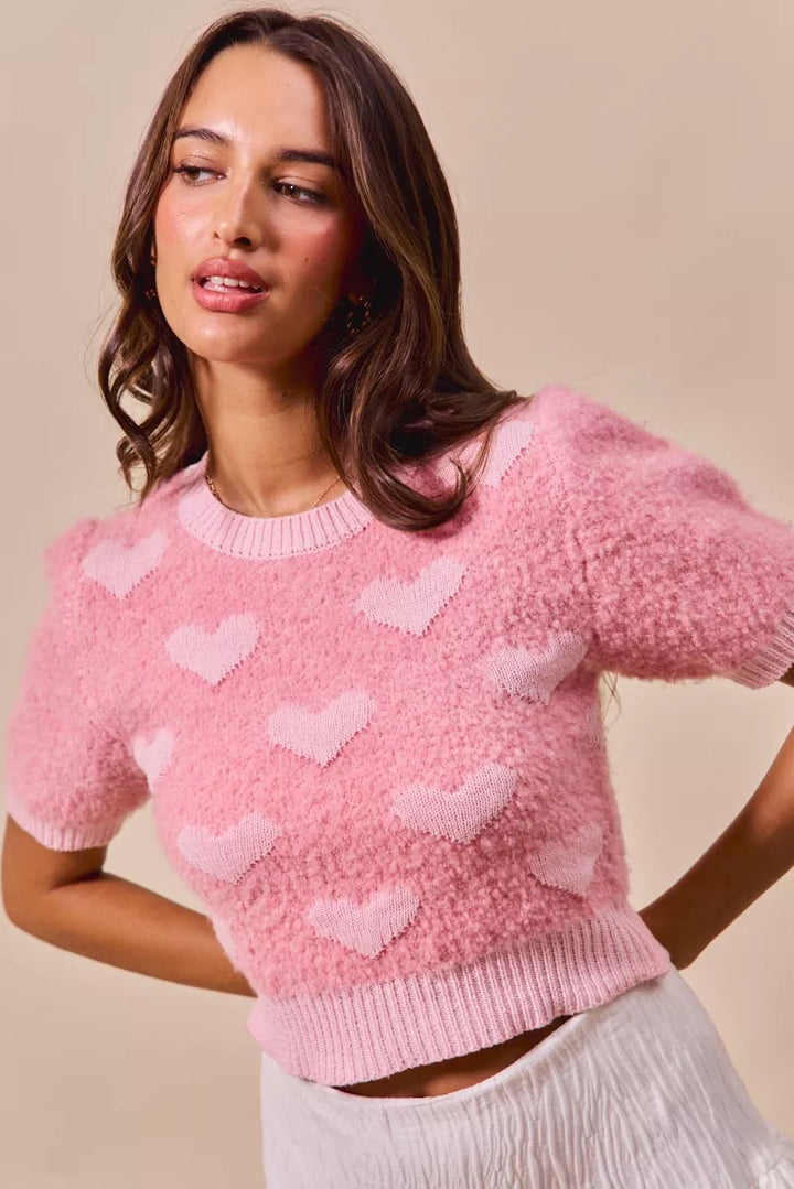 Pink/Blush So Me All Over Heart Valentine Cropped Sweater
