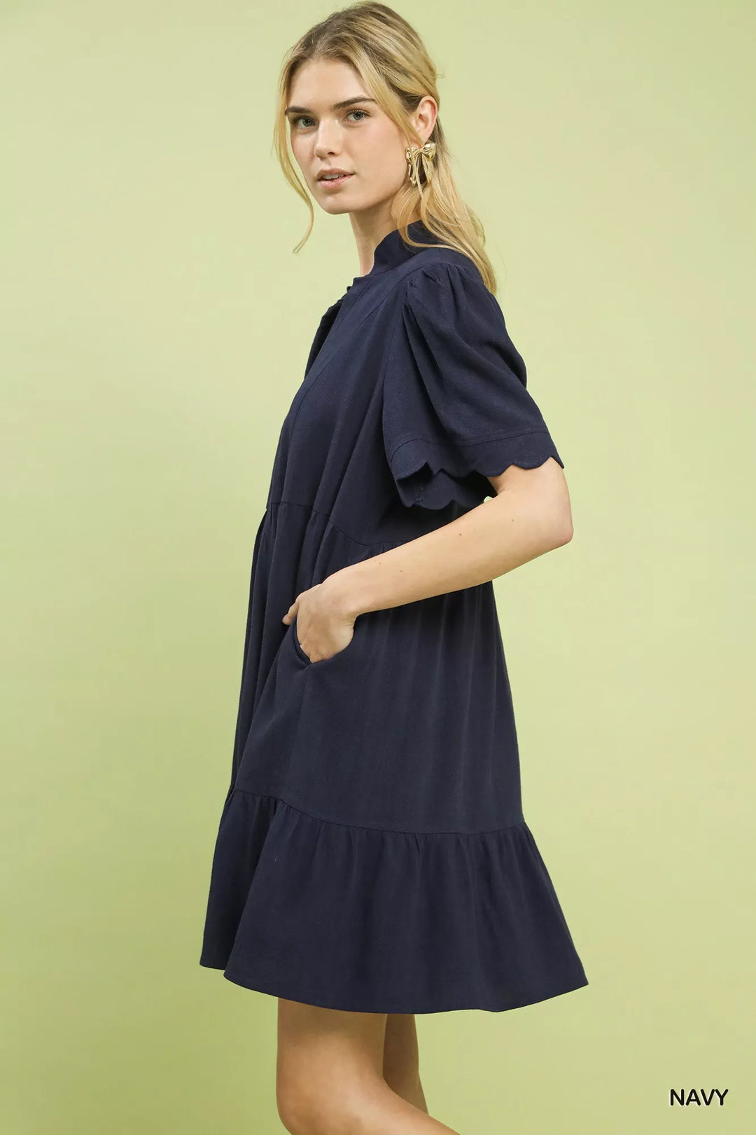 Navy Umgee Linen Tiered Babydoll Dress With Scalloped Sleeves