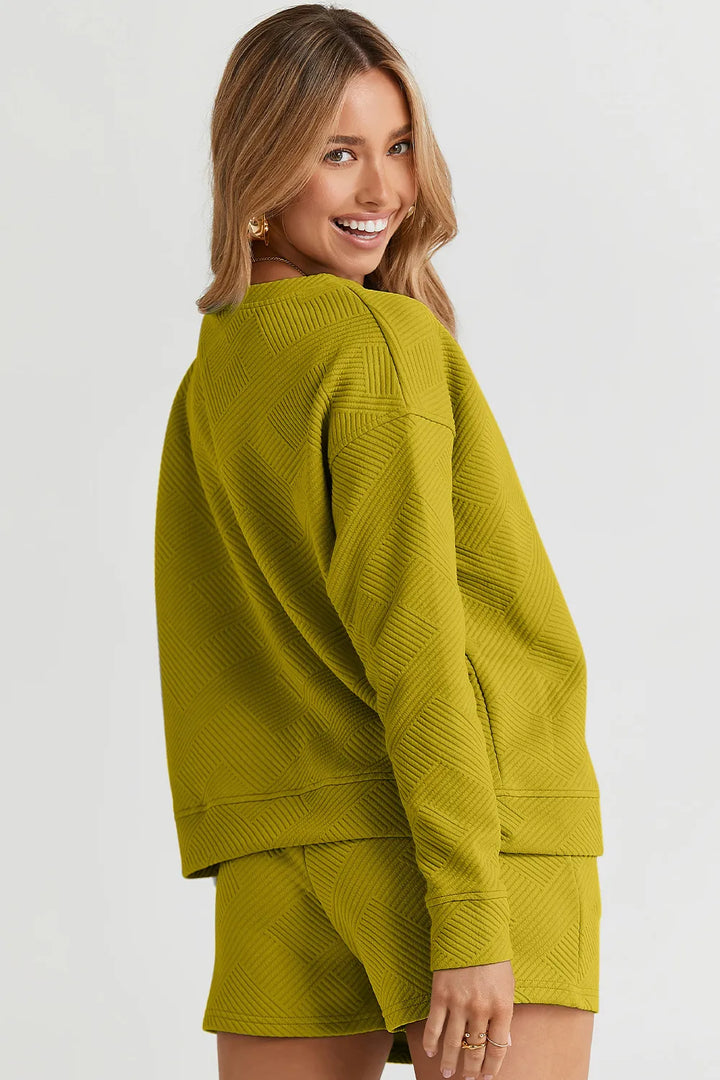 Chartreuse Double Take Full Size Texture Long Sleeve Top And Drawstring Shorts Set