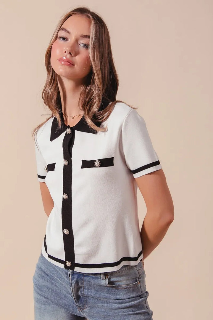 Ivory/Black So Me Button Down Knitted Sweater Shirt Top