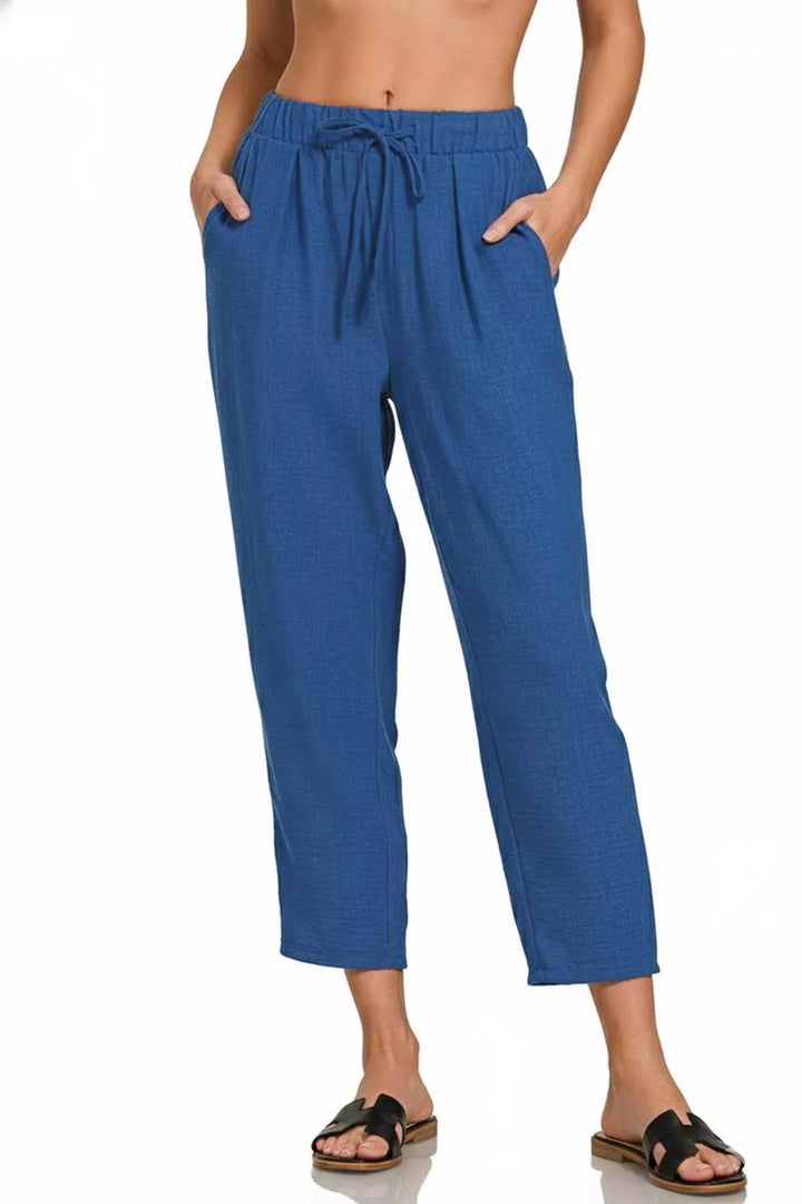 Lt Navy Zenana Woven Crepe Elastic Band Waist Pants 2