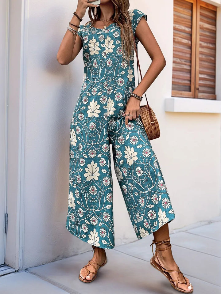 Turquoise Perfee Printed Round Neck Cap Sleeve Wide Leg Jumpsuit