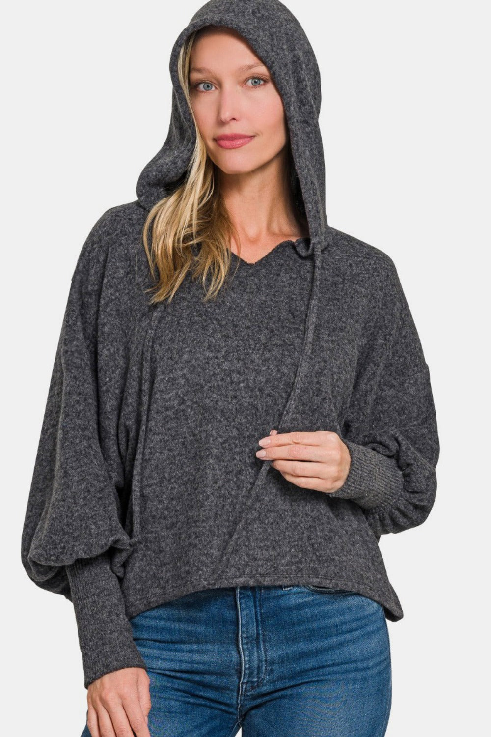 Black Zenana Brushed Hacci Drop Shoulder Cropped Hoodie