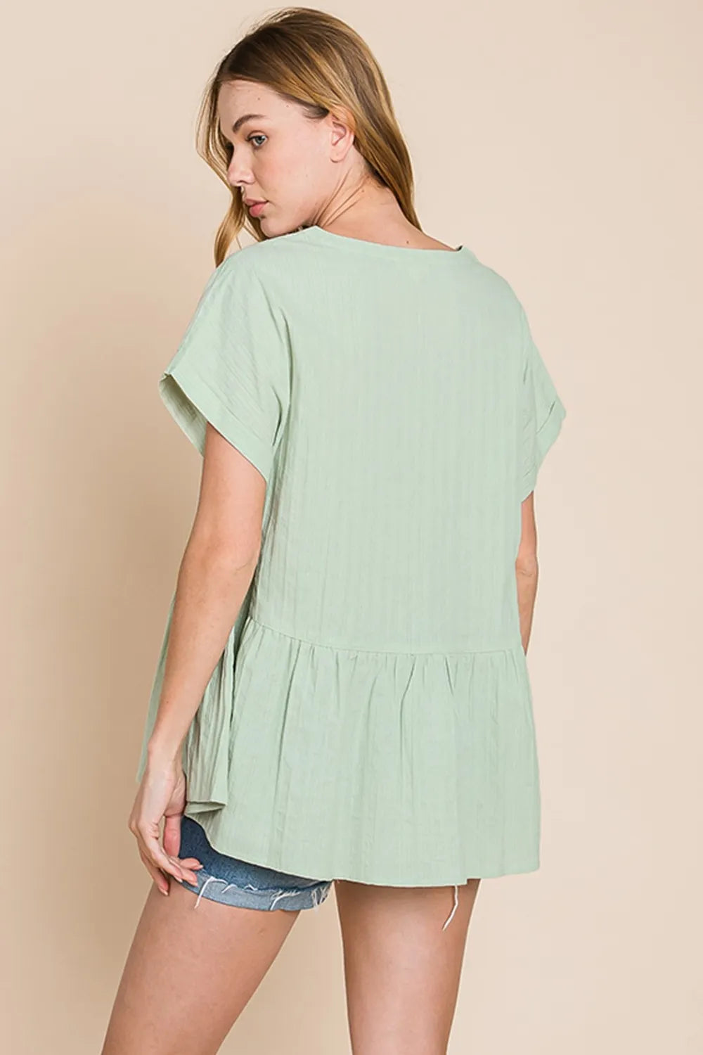 Sage Cotton Bleu By Nu Lab Ruched Notched Short Sleeve Blouse
