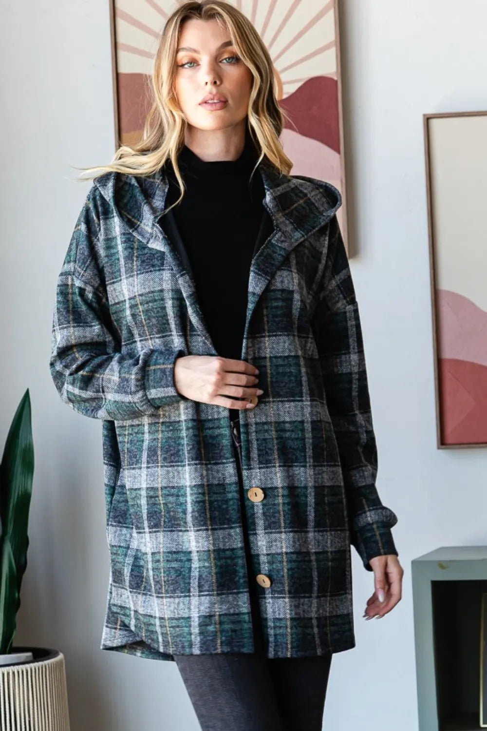 Hunter Green Multi Heimish Plaid Button Down Long Sleeve Hooded Cardigan