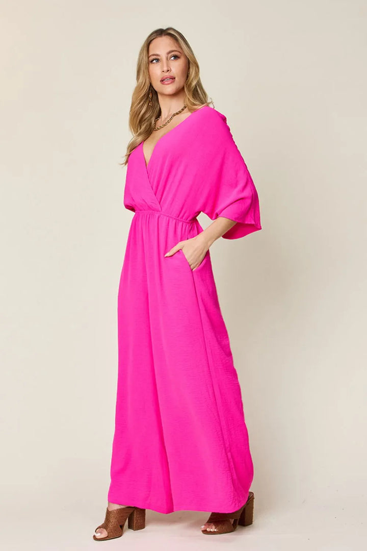 Hot Pink Double Take Full Size Surplice Wide Leg Jumpsuit With Pockets
