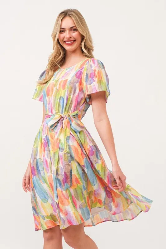 Lime N Chili Watercolor Print Tie Front Midi Dress