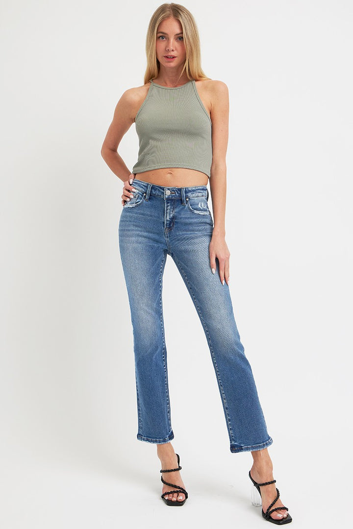 Dark Risen Full Size Mid Rise Ankle Straight Jeans With Pockets