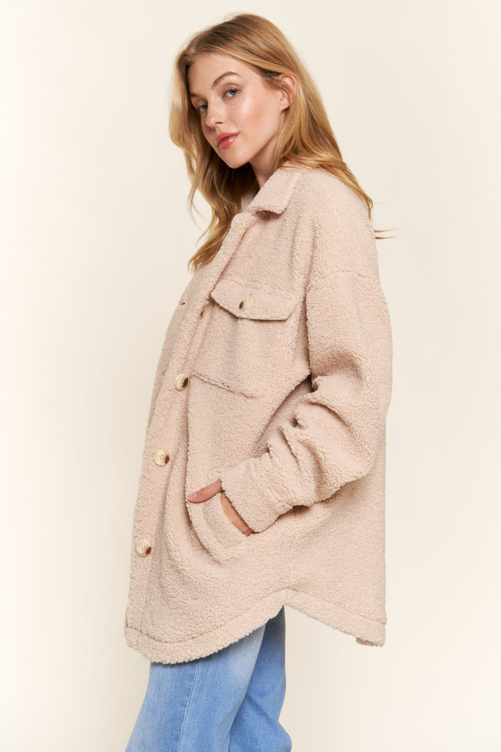 Natural And The Why Teddy Sherpa Button Down Curved Hem Shacket