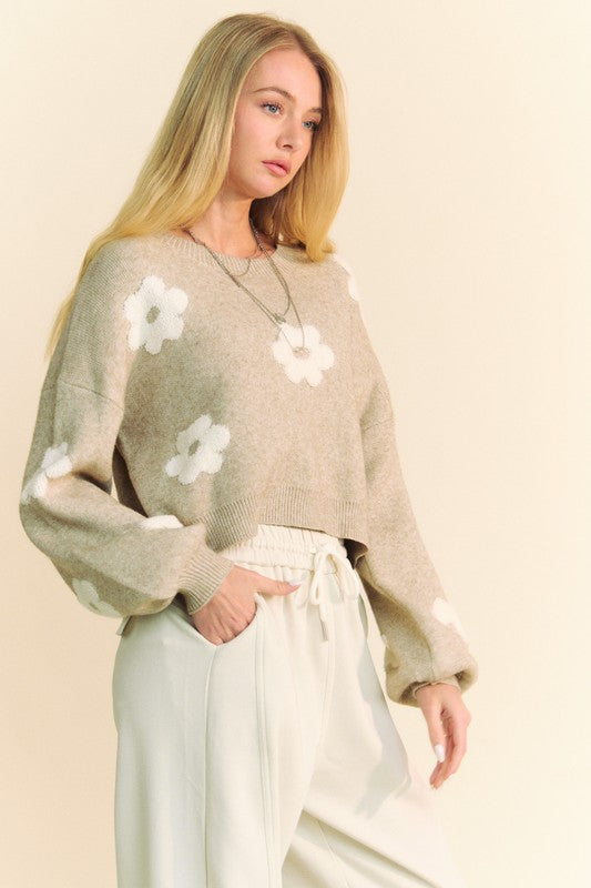 Tan Davi Dani Floral Drop Shoulder Cropped Sweater