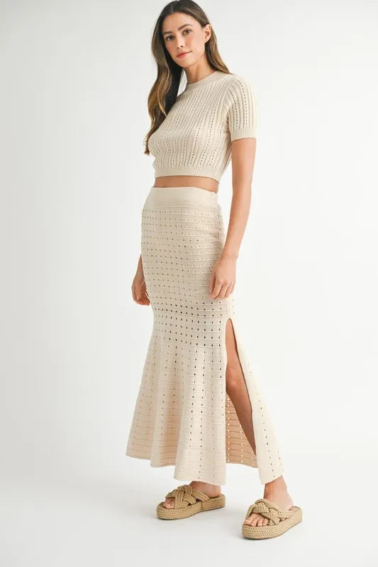 Cream Mable Pointelle Short Sleeve Crop Top And Slit Skirt Sweater Set 2