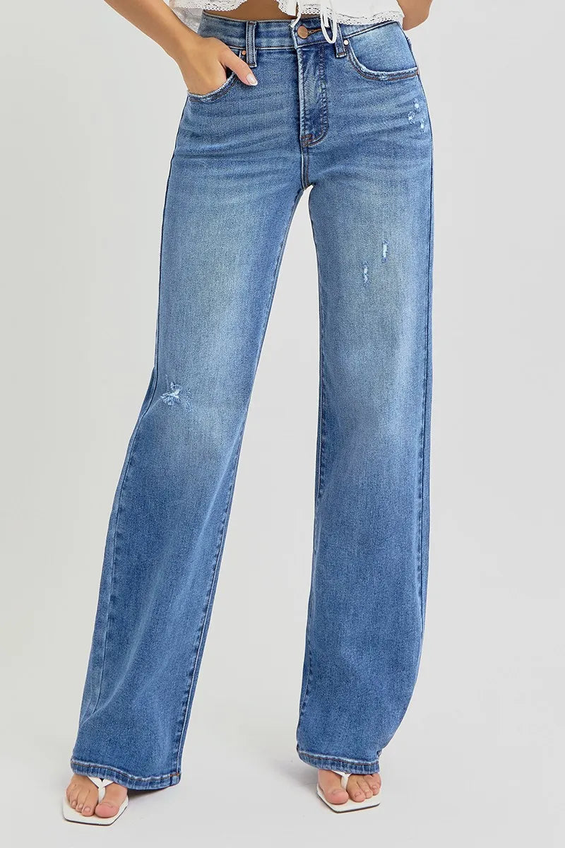 Medium Risen Full Size Tummy Control Elastic Band High Rise Wide Jeans Plus Size
