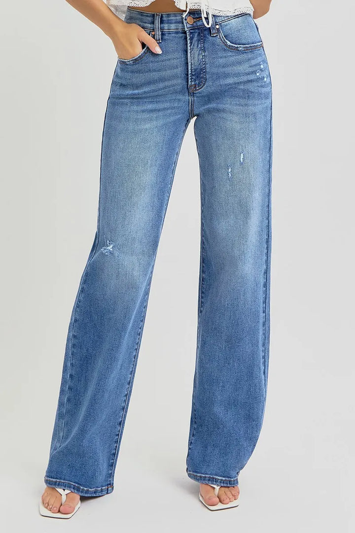 Medium Risen Full Size Tummy Control Elastic Band High Rise Wide Jeans Plus Size