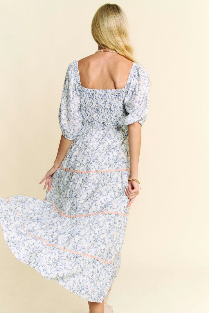 Davi Dani Contrast Ric Smocking Bodice Tiered Midi Dress