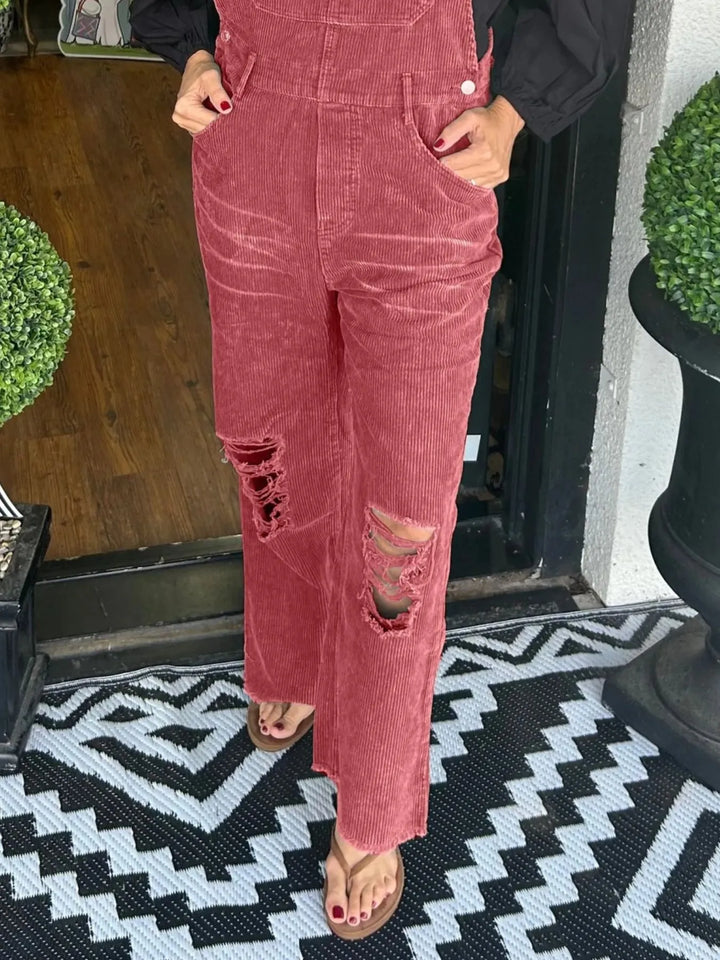 Orange Distressed Wide Leg Corduroy Overalls