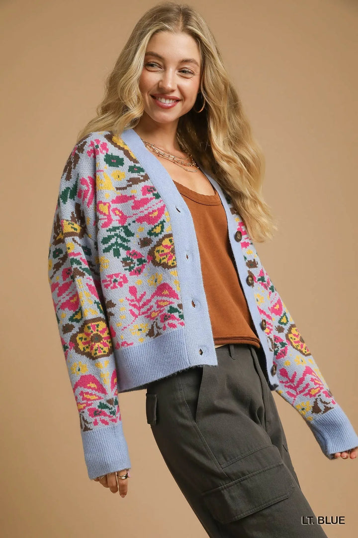 Lt. Blue Umgee Floral Knit Button Up Cardigan