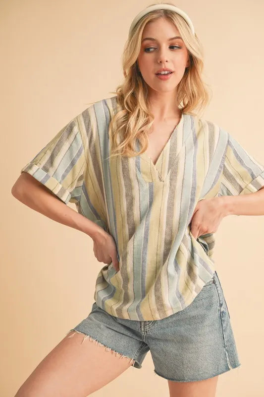 Aemi Co Side Slit Striped Short Sleeve Blouse