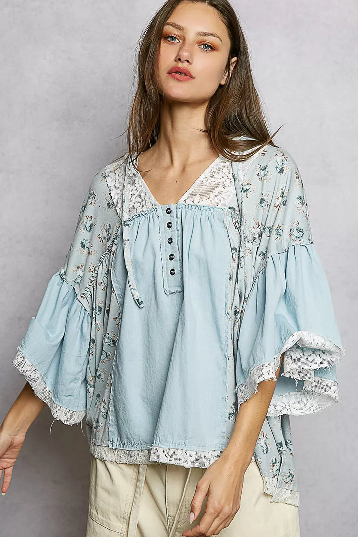 Denim Multi Pol Double Gauze Floral Patch Blouse With Lace Detail