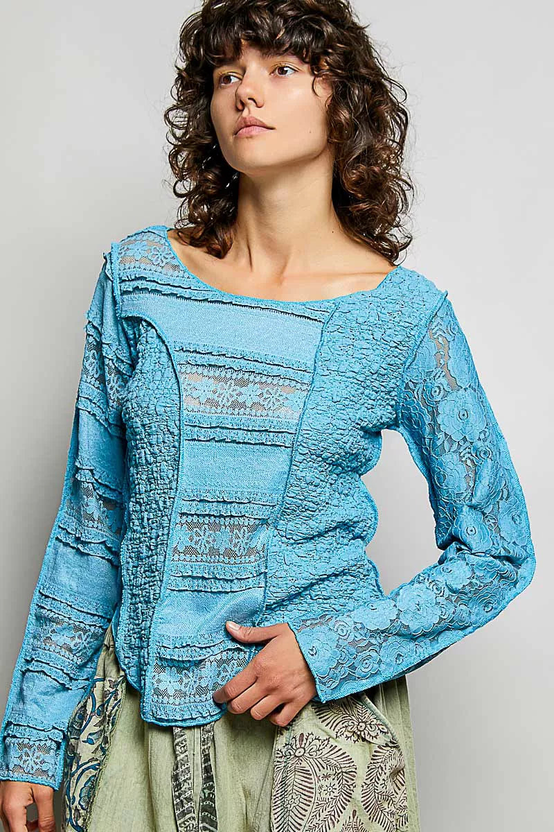 Pol Round Neck Long Sleeve Exposed Seam Top With Lace Detail 2